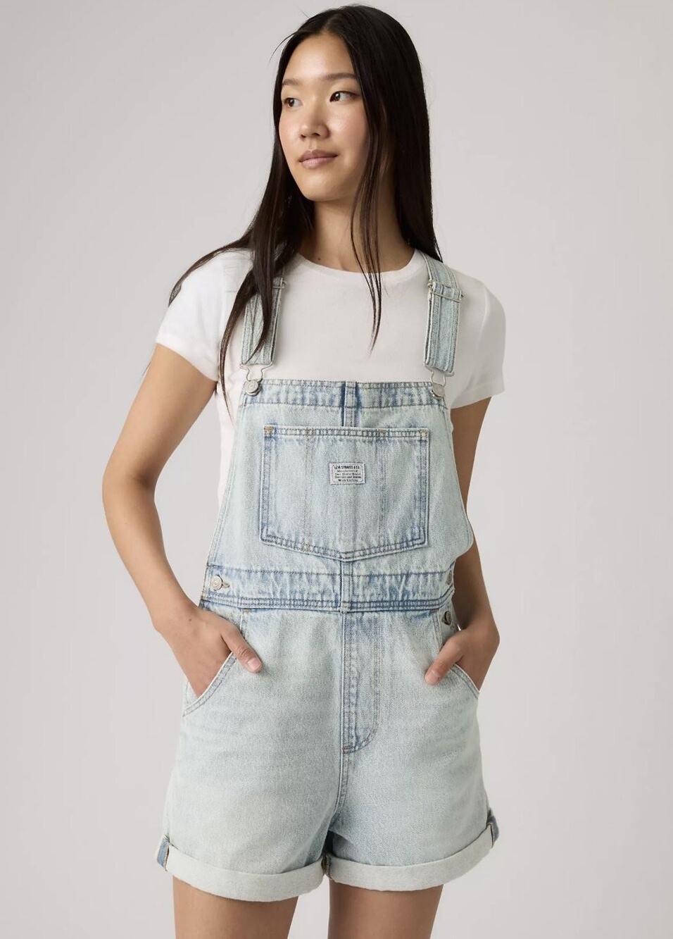 Levi's Overall Shorts Womens Large Blue Striped Denim Adjustable Straps Pockets